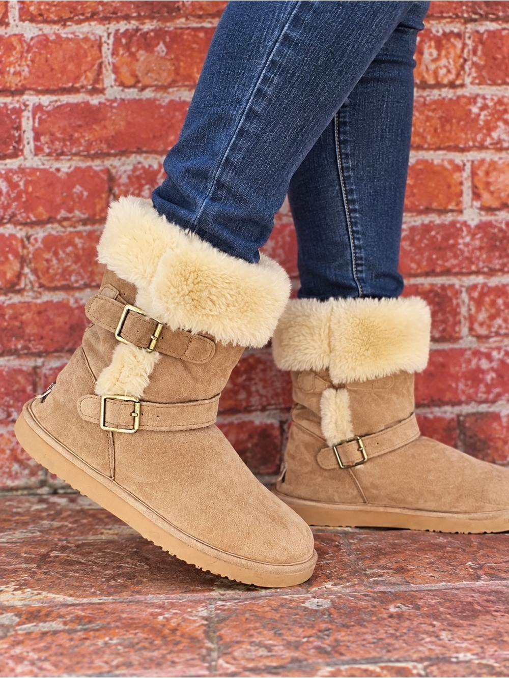 Lamo Tan Suede Water Resistant Shearling Double Buckle Boots